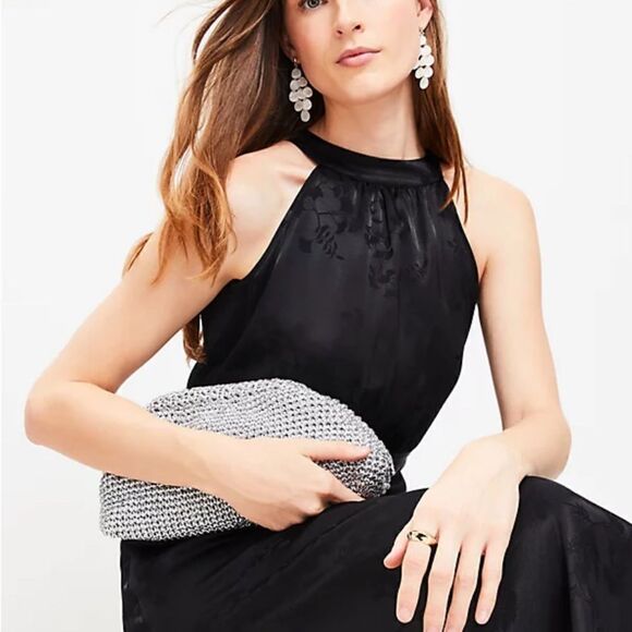 LOFT Jacquard Halter Midi Dress NWT sz16 Black - Picture 2 of 3